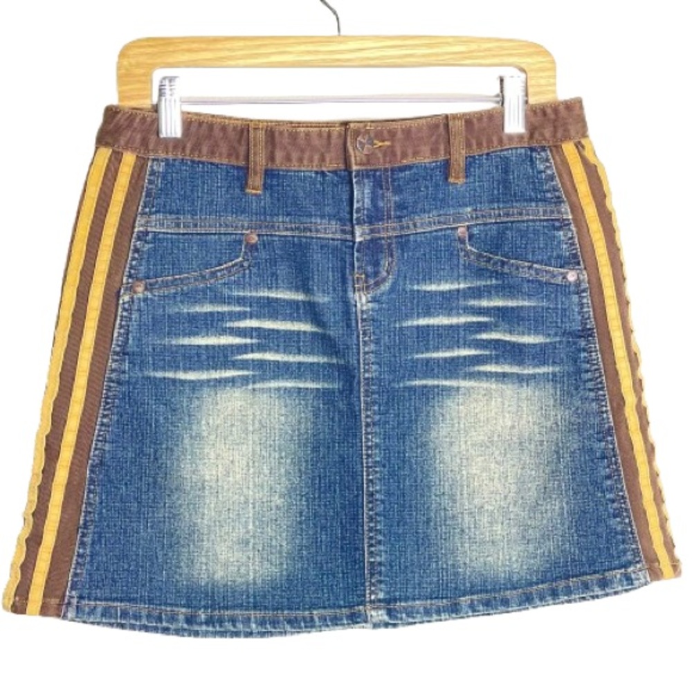 Y2K Denim Mini Skirt | Sporty Stripe, Cool Fade, Pockets & Brown Trim Denim M-L